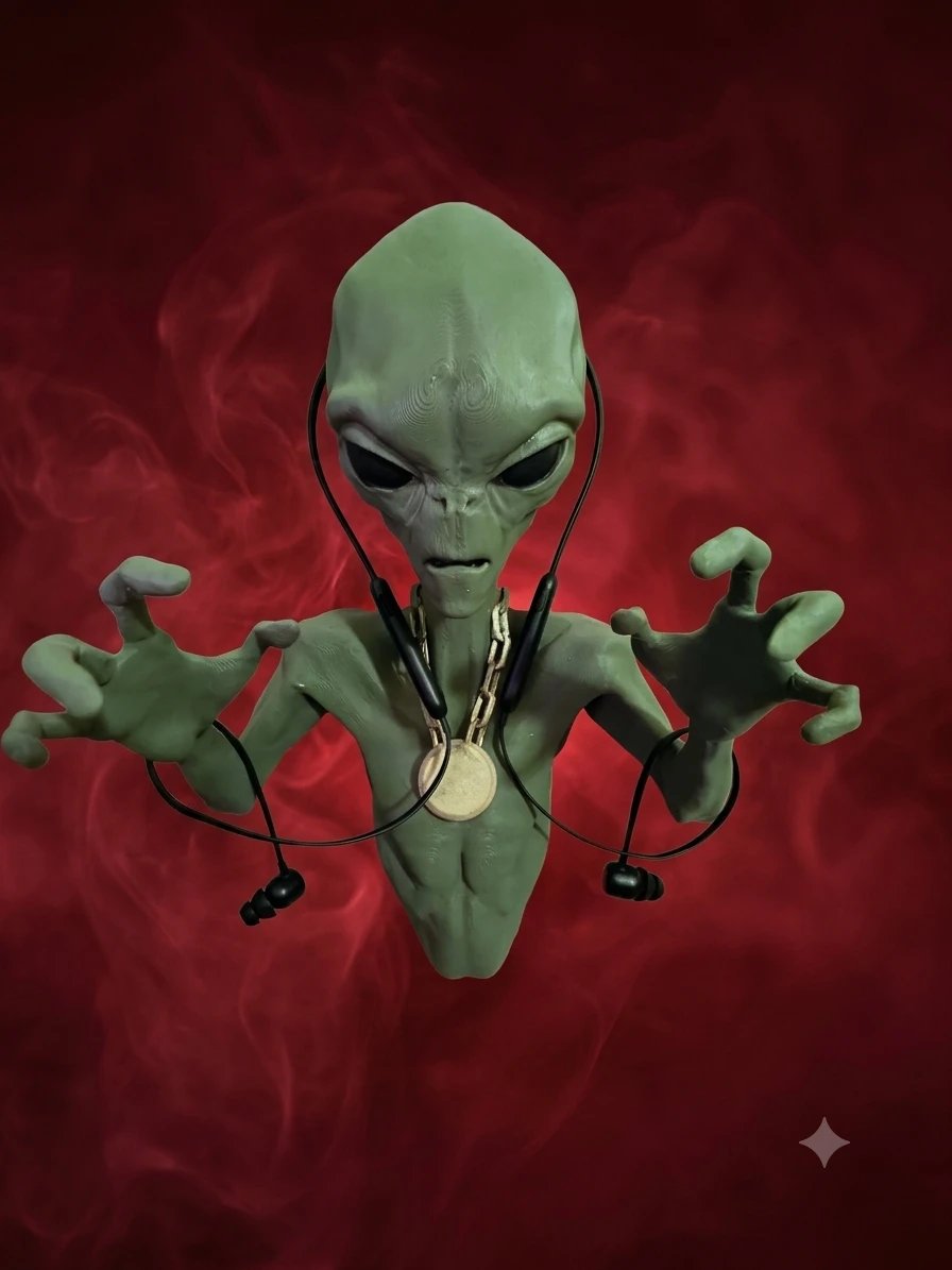 My black Beats Flex hung round the neck of a green 3D-printed alien bust wearing a gold chain, against a red smoky background.