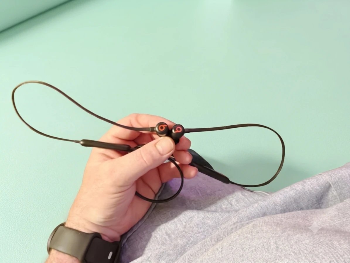 The Beats Flex held in my hand, the two earbuds clipped together by their magnets, with the cord looped either side.