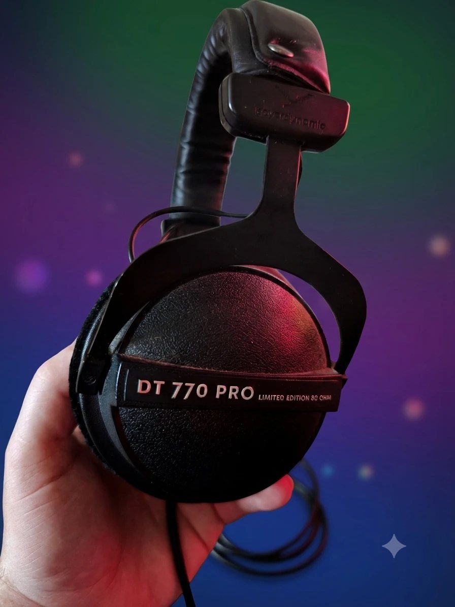 My black Beyerdynamic DT 770 PRO Limited Edition 80 ohm headphones held up in my hand against a purple and green background.