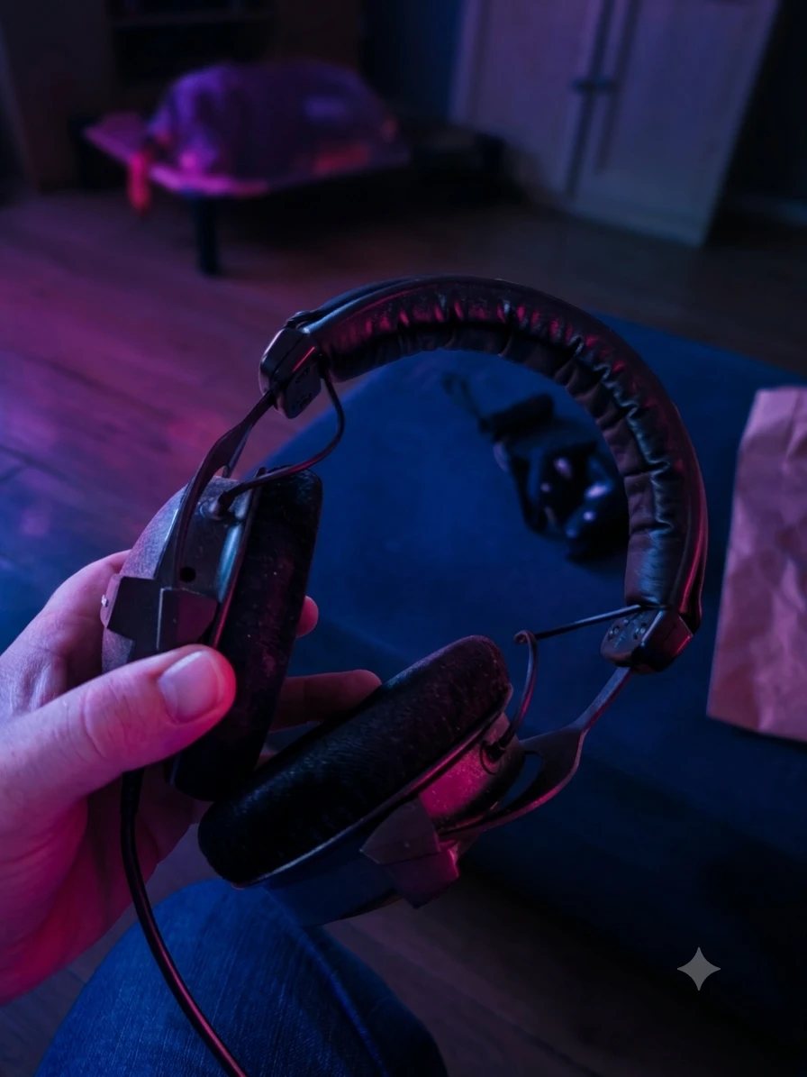 My DT 770 PRO in my hand on the sofa, showing the padded headband and soft velour ear pads, in purple light.