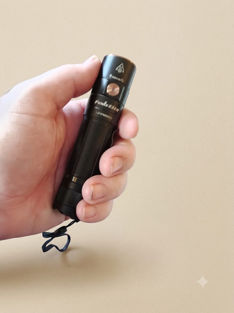 The black Fenix E35R torch held in my hand, with its lanyard hanging below.