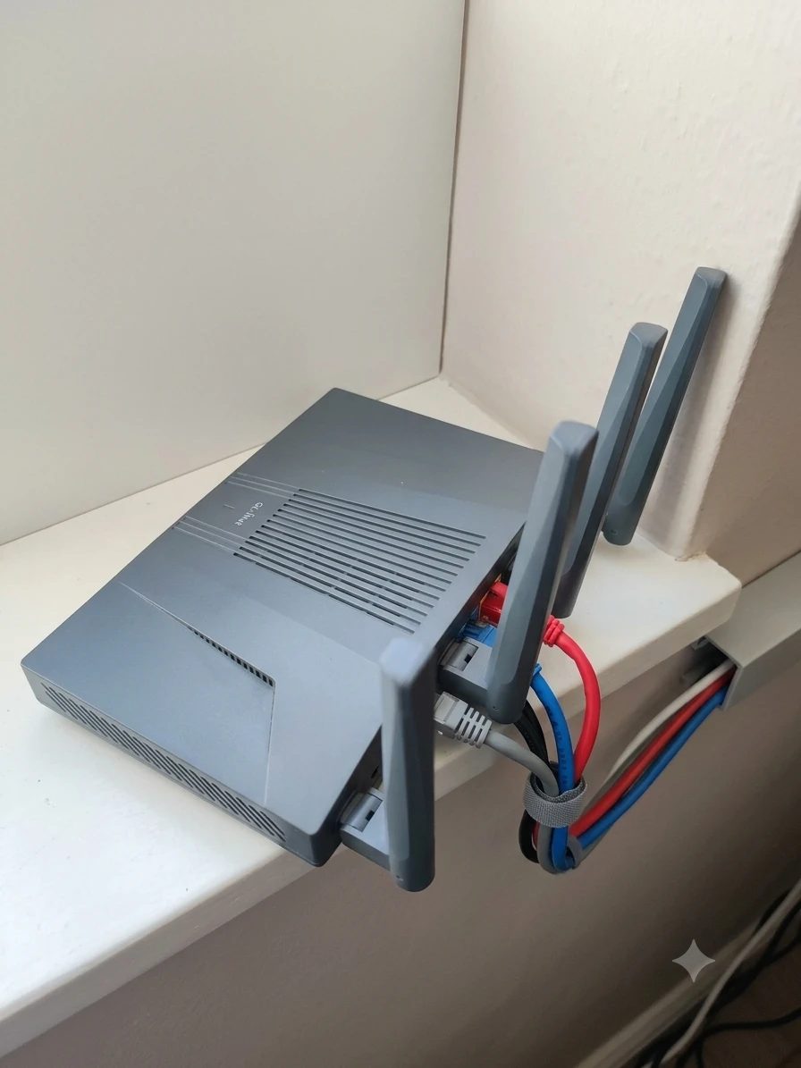 My grey GL.iNet Flint 2 router on a white windowsill, antennas up, with red, blue and grey ethernet cables tidied with a velcro strap and running into trunking.